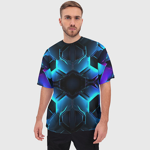 Мужская футболка оверсайз Неоновые синие плиты / 3D-принт – фото 3