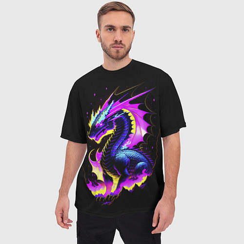 Мужская футболка оверсайз Неоновый космический дракон / 3D-принт – фото 3