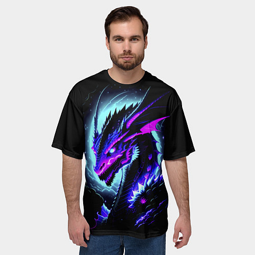 Мужская футболка оверсайз Морда дракона - неоновое свечение / 3D-принт – фото 3