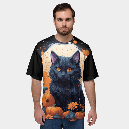 Мужская футболка оверсайз Котик и тыквы - хеллоуин / 3D-принт – фото 3