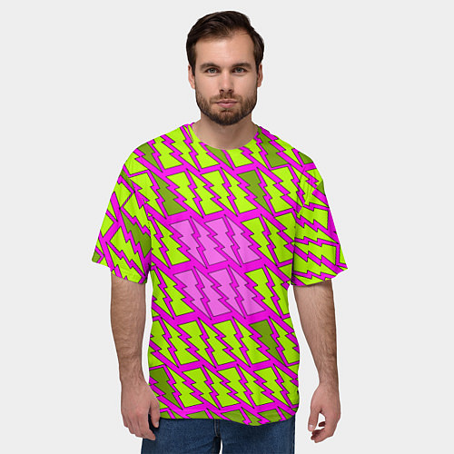 Мужская футболка оверсайз Ретро молнии розово-жёлтые / 3D-принт – фото 3