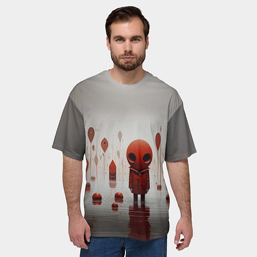 Мужская футболка оверсайз Красный человечек на пруду / 3D-принт – фото 3