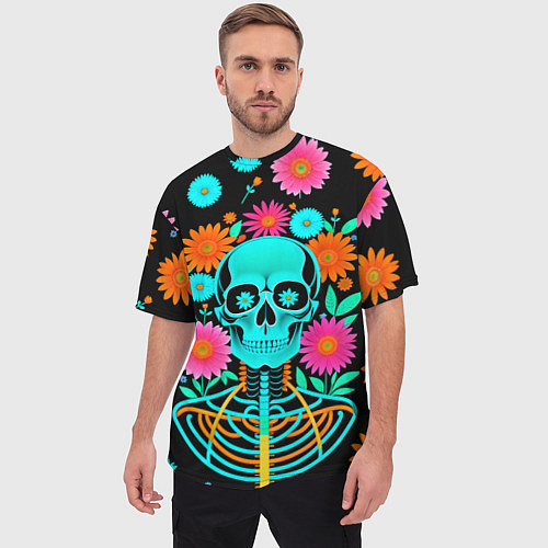 Мужская футболка оверсайз Неоновый скелет в цветах / 3D-принт – фото 3