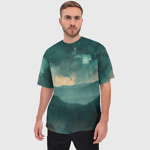 Мужская футболка оверсайз Космическая ночь в горах / 3D-принт – фото 3