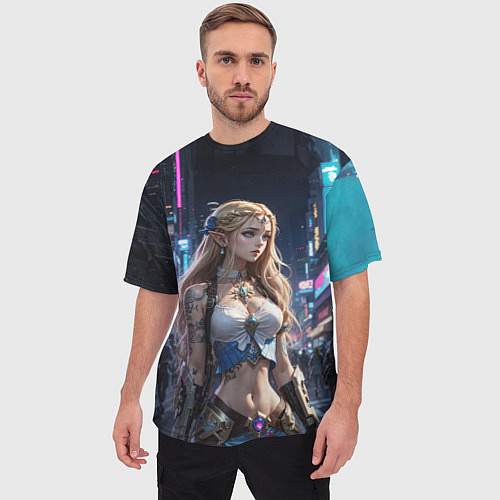 Мужская футболка оверсайз Принцесса Зельда в киберпанке / 3D-принт – фото 3