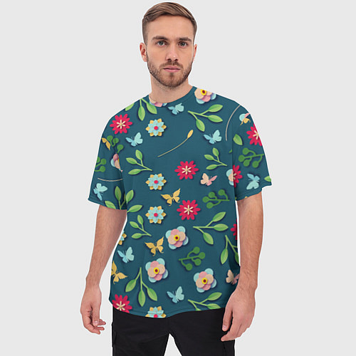 Мужская футболка оверсайз Цветы и разноцветные бабочки / 3D-принт – фото 3