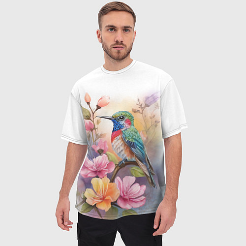 Мужская футболка оверсайз Колибри и цветы - акварель / 3D-принт – фото 3