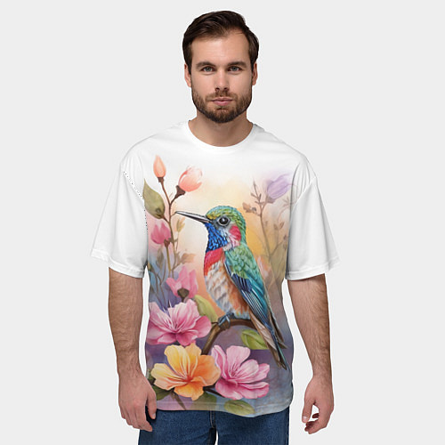 Мужская футболка оверсайз Колибри и цветы - акварель / 3D-принт – фото 3