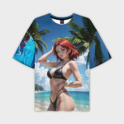 Мужская футболка оверсайз Девушка с рыжими волосами на пляже