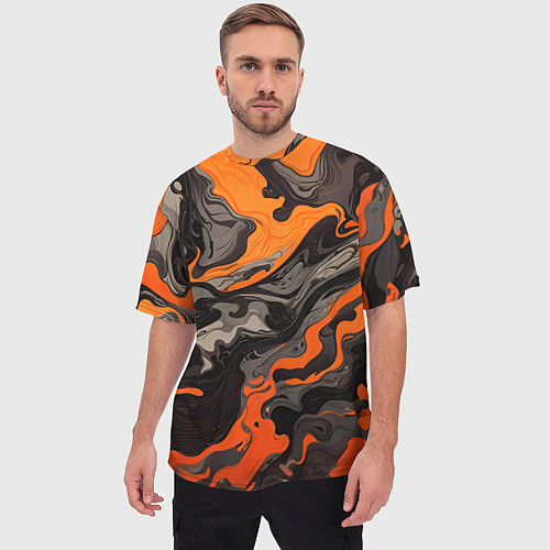Мужская футболка оверсайз Оранжево-черный камуфляж / 3D-принт – фото 3