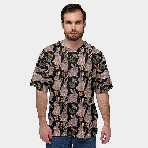 Мужская футболка оверсайз Зайцы и пижма / 3D-принт – фото 3