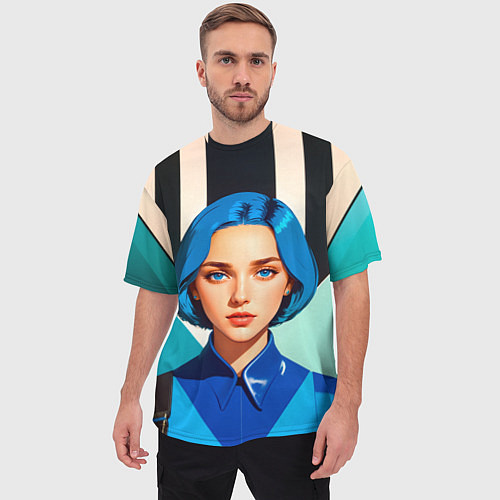 Мужская футболка оверсайз Девушка в рубашке с синими волосами / 3D-принт – фото 3
