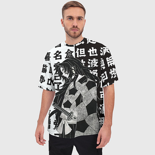 Мужская футболка оверсайз Кокушибо и иероглифы - Клинок демонов / 3D-принт – фото 3