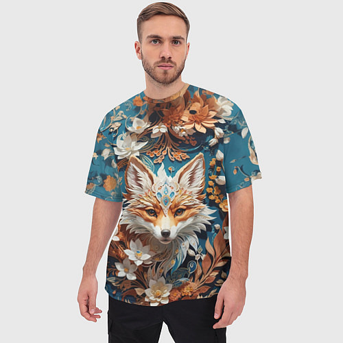 Мужская футболка оверсайз Магический лисёнок в цветах / 3D-принт – фото 3