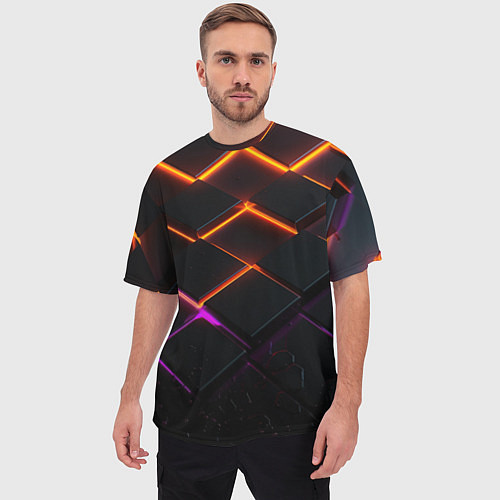 Мужская футболка оверсайз Неоновые световые плиты / 3D-принт – фото 3
