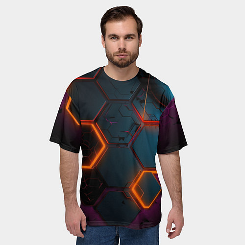 Мужская футболка оверсайз Неоновые оранжевые плиты / 3D-принт – фото 3