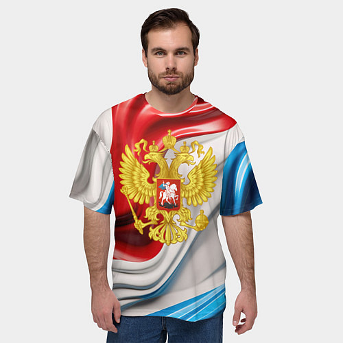 Мужская футболка оверсайз Герб России на фоне флага / 3D-принт – фото 3