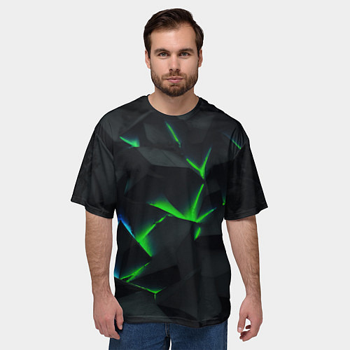 Мужская футболка оверсайз Зеленые и синие плиты / 3D-принт – фото 3