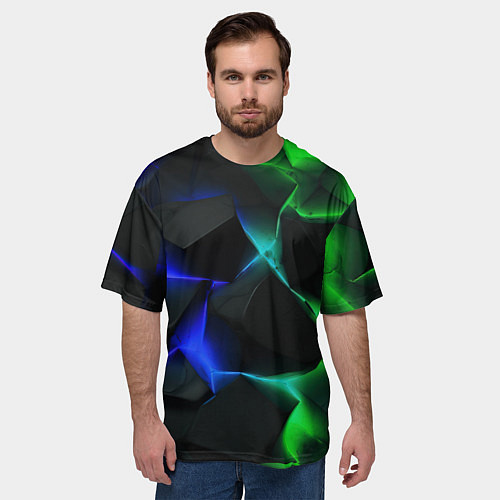 Мужская футболка оверсайз Синие и зеленые плиты / 3D-принт – фото 3