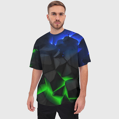 Мужская футболка оверсайз Разлом синих и зеленых плит / 3D-принт – фото 3