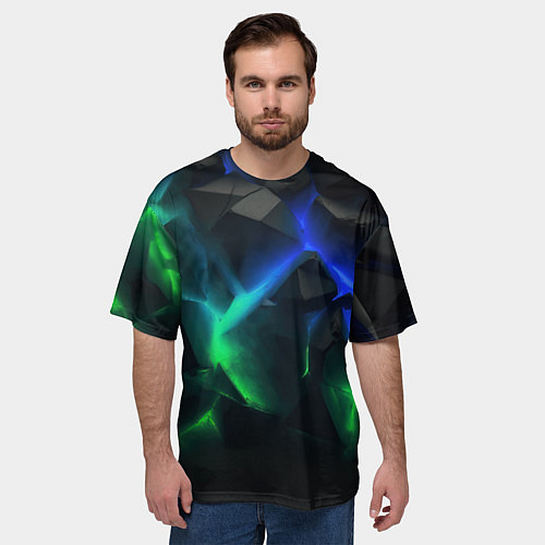 Мужская футболка оверсайз Разлом синих и зеленых плит / 3D-принт – фото 3