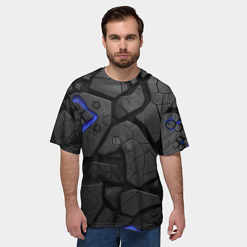 Мужская футболка оверсайз Черные плиты с синей вставкой / 3D-принт – фото 3