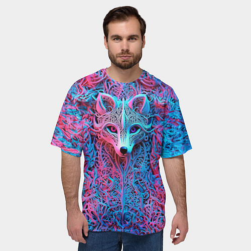 Мужская футболка оверсайз Лис из розово-голубых узоров / 3D-принт – фото 3