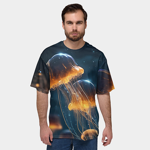 Мужская футболка оверсайз Люминисцентные медузы / 3D-принт – фото 3