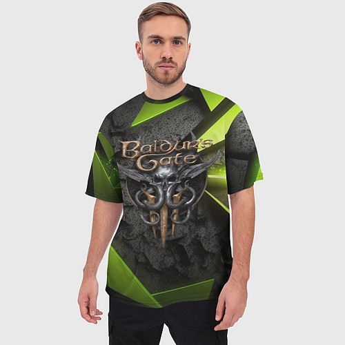Мужская футболка оверсайз Baldurs Gate 3 logo green abstract / 3D-принт – фото 3