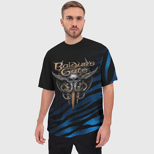 Мужская футболка оверсайз Baldurs Gate 3 logo blue geometry / 3D-принт – фото 3