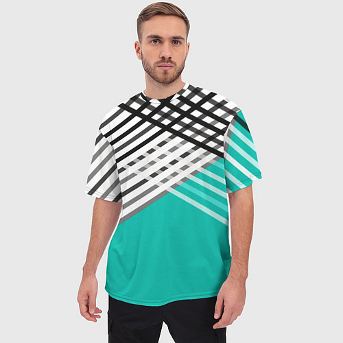 Мужская футболка оверсайз Черно-белые переплетенные полосы на бирюзовом фоне / 3D-принт – фото 3