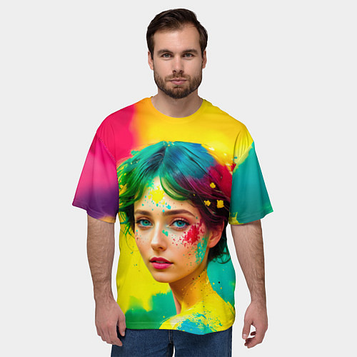 Мужская футболка оверсайз Девушка с зелёными глазами в брызгах краски / 3D-принт – фото 3