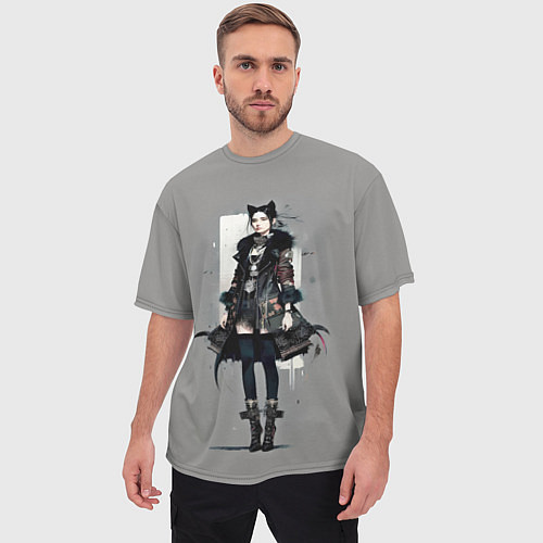 Мужская футболка оверсайз Девушка-кошка модница - аниме / 3D-принт – фото 3