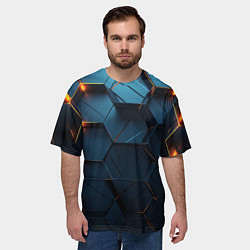 Футболка оверсайз мужская Синие объемные плиты с оранжевыми вставками, цвет: 3D-принт — фото 2