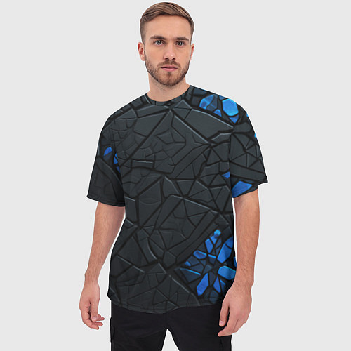 Мужская футболка оверсайз Черные плиты с синими вставками / 3D-принт – фото 3
