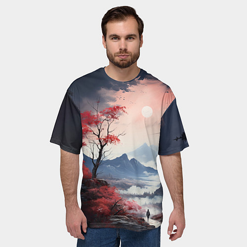 Мужская футболка оверсайз Луна над горами / 3D-принт – фото 3