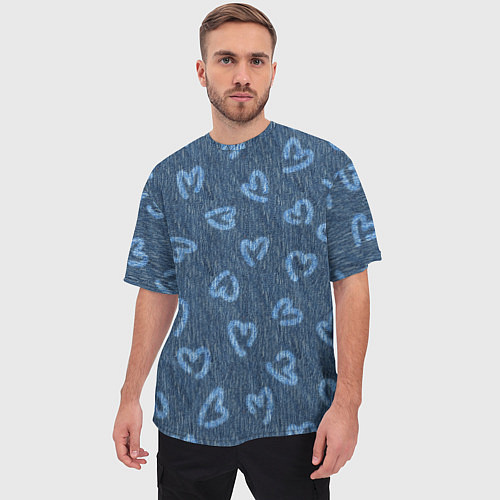 Мужская футболка оверсайз Hearts on denim / 3D-принт – фото 3