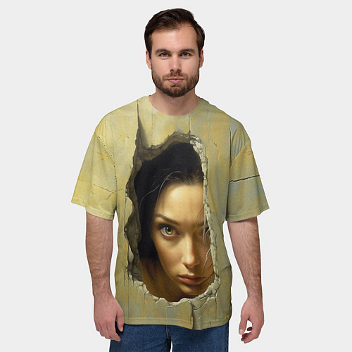 Мужская футболка оверсайз Девушка выглядывает / 3D-принт – фото 3