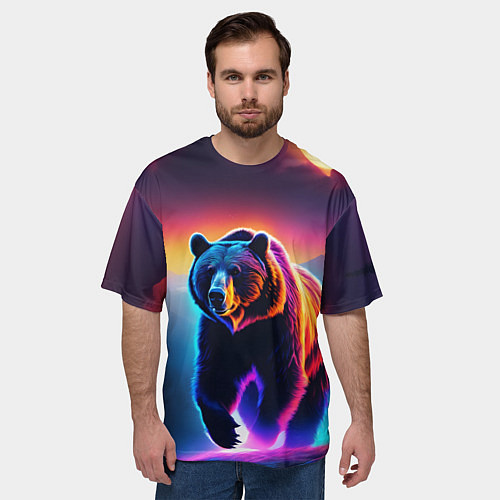 Мужская футболка оверсайз Люминесцентный медведь гризли / 3D-принт – фото 3