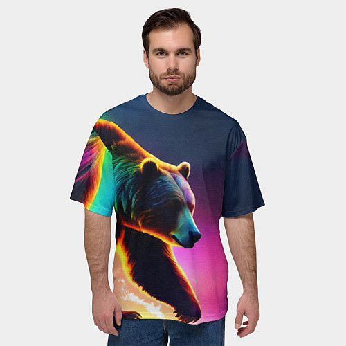 Мужская футболка оверсайз Неоновый светящийся медведь гризли / 3D-принт – фото 3