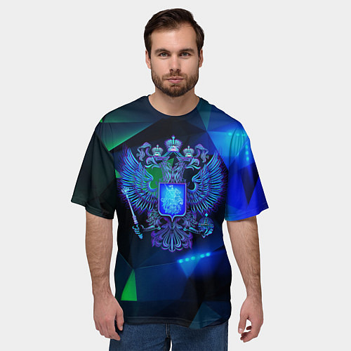 Мужская футболка оверсайз Неоновый герб РФ / 3D-принт – фото 3