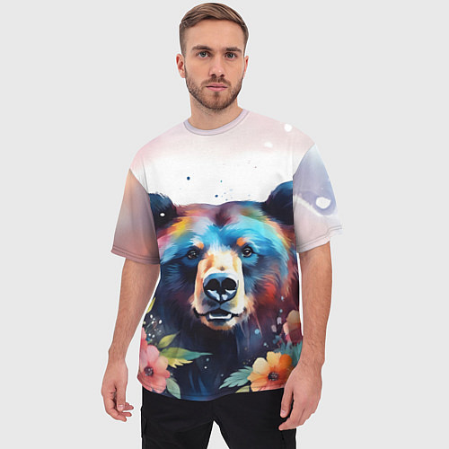 Мужская футболка оверсайз Портрет медведя гризли с цветами акварелью / 3D-принт – фото 3