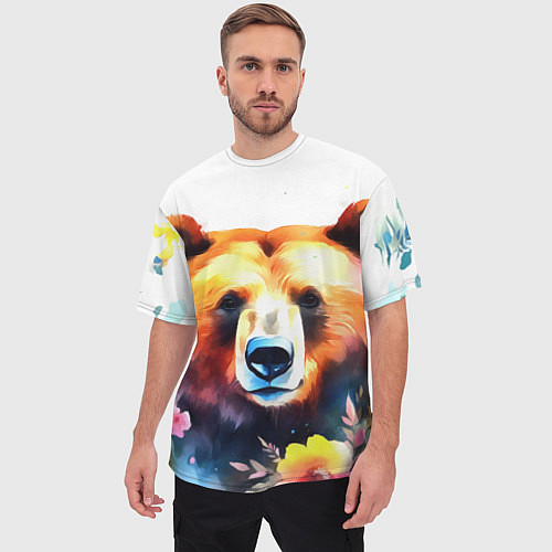 Мужская футболка оверсайз Морда медведя гризли с цветами акварелью / 3D-принт – фото 3