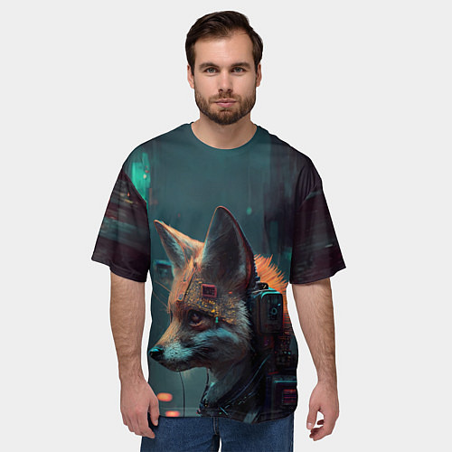 Мужская футболка оверсайз Кибернетический лис / 3D-принт – фото 3