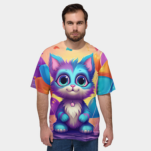Мужская футболка оверсайз Котик с воздушными шариками / 3D-принт – фото 3