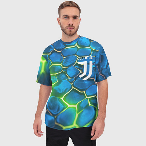 Мужская футболка оверсайз Juventus blue green neon / 3D-принт – фото 3