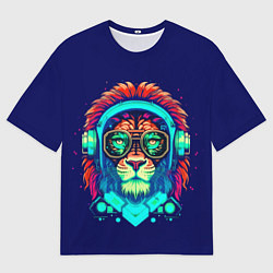 Футболка оверсайз мужская Лев в наушниках киберпанк синий, цвет: 3D-принт
