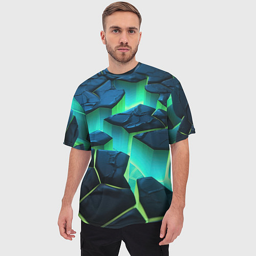 Мужская футболка оверсайз Разлом объемных зеленых плит / 3D-принт – фото 3