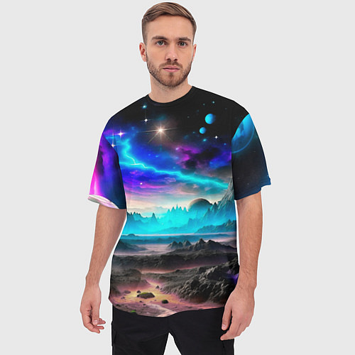 Мужская футболка оверсайз Фантастическая планета космос / 3D-принт – фото 3