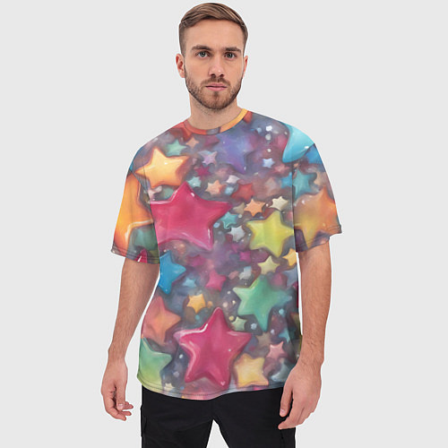 Мужская футболка оверсайз Разноцветные новогодние звёзды / 3D-принт – фото 3